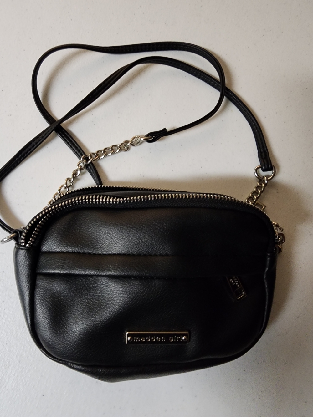 Madison Girl Black Crossbody Bag with Chain Strap Faux Leather